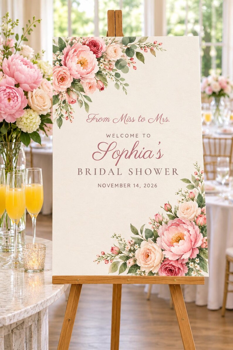 Op de afbeelding: Een rechthoekig welkomstbord op een houten ezel met roze en witte bloemstukken in de linker bovenhoek en rechter onderhoek. De tekst luidt From Miss to Mrs. WELCOME TO Sophia's BRIDAL SHOWER NOVEMBER 14, 2026.