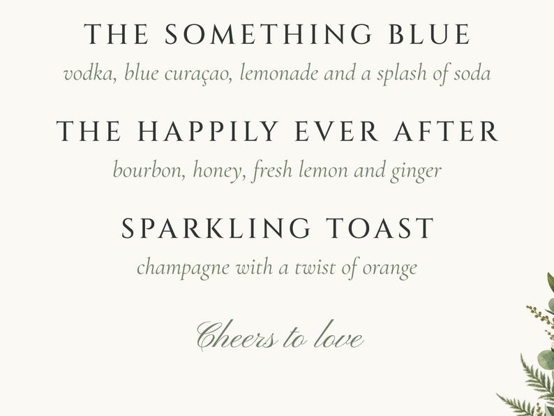 Custom Signature Drinks Sign, Greenery Wedding Bar Sign, Eucalyptus Cocktail Menu, Printable 8x10 Digital File image 3