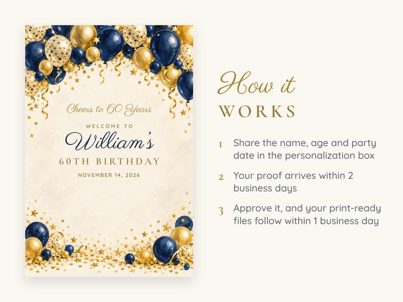 Custom Birthday Welcome Sign, Cheers to 60 Years Sign, Navy and Gold Balloon Arch Birthday Decor, Printable 24x36 Digital File image 4