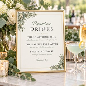 Custom Signature Drinks Sign, Greenery Wedding Bar Sign, Eucalyptus Cocktail Menu, Printable 8x10 Digital File image 1