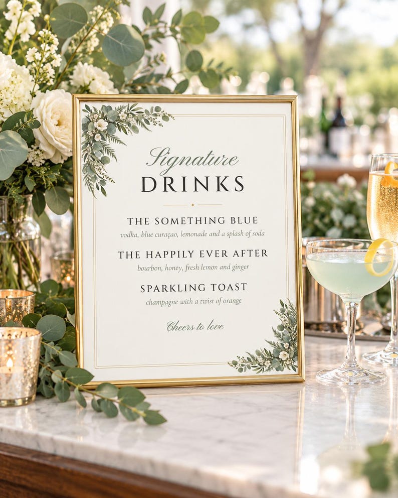 Custom Signature Drinks Sign, Greenery Wedding Bar Sign, Eucalyptus Cocktail Menu, Printable 8x10 Digital File image 1