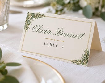 Gepersonaliseerde naamkaartjes voor bruiloften, plaatskaartjes met groene accenten en tafelnummers, eucalyptus-begeleidingskaartjes, printbaar digitaal bestand