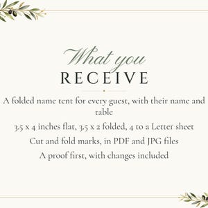 Custom Wedding Name Tents, Olive Branch Place Cards with Table Numbers, Olive Leaf Escort Cards, Printable Digital File bild 5
