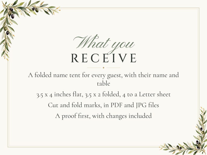 Custom Wedding Name Tents, Olive Branch Place Cards with Table Numbers, Olive Leaf Escort Cards, Printable Digital File bild 5