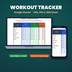 Op de afbeelding: Een digitale workout-tracker voor Google Sheets weergegeven op een laptop- en smartphonescherm. De interface toont kolommen voor oefeningen, startstatistieken en 1RM-doelen. Tekst bevat WORKOUT TRACKER, PR PURSUIT, Auto Best & Goal, Instant Download.