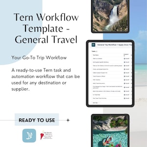 May include: A digital travel workflow template titled "Tern Workflow Template - General Travel" with the text "Your Go-To Trip Workflow". The image includes a tablet displaying a travel task list and other travel-related images.