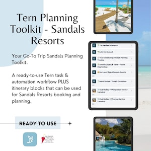 Peut inclure: Un kit d'outils de planification numérique pour Sandals Resorts, affiché sur des tablettes. Le texte indique "Tern Planning Toolkit - Sandals Resorts" et comprend des options de réservation et de planification de voyages. L'image montre également des scènes de plage.
