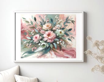 French Bouquet Wall Art, Pale Pink and Sage Green Printable, Floral Acrylic Painting, Digital Art Download, Romantic Botanical Print