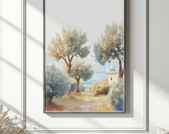 Adriatic coastal watercolor painting, Downloadable art, Printable Poster, Beach Print, Mediterranean seascape with sailboats