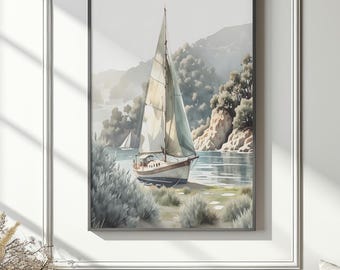 Sailing Boat Watercolor, Coastal Wall Art, Adriatic Sea Printable, Mediterranean Landscape Download