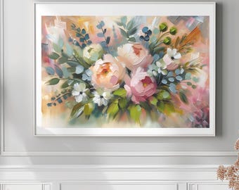 Colorful Floral Acrylic Print, Boho Flowers Wall Art, Pink Coral Eucalyptus Printable, Botanical Digital Art Download