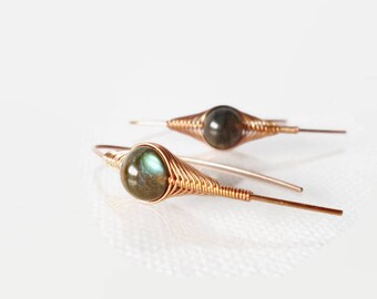 Wrapped Labradorite orecchino, orecchini Stick, a lisca di pesce involucro, gioielli fatti a mano, monili di rame, filo avvolto orecchini, orecchini della pietra preziosa