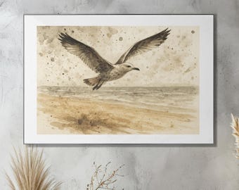 Seagull in flight over sand beach printable wall art, Coastal print, Ink illustration, Downloadable artwork