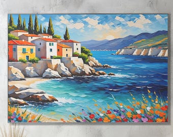 Mediterranean cove downloadable wall art print, oil painting - DIGITAL DOWNLOAD