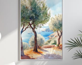 Adriatic coastal watercolor painting , Downloadable art, Printable Poster, Beach Print, Mediterranean seascape with sailboats, No.2