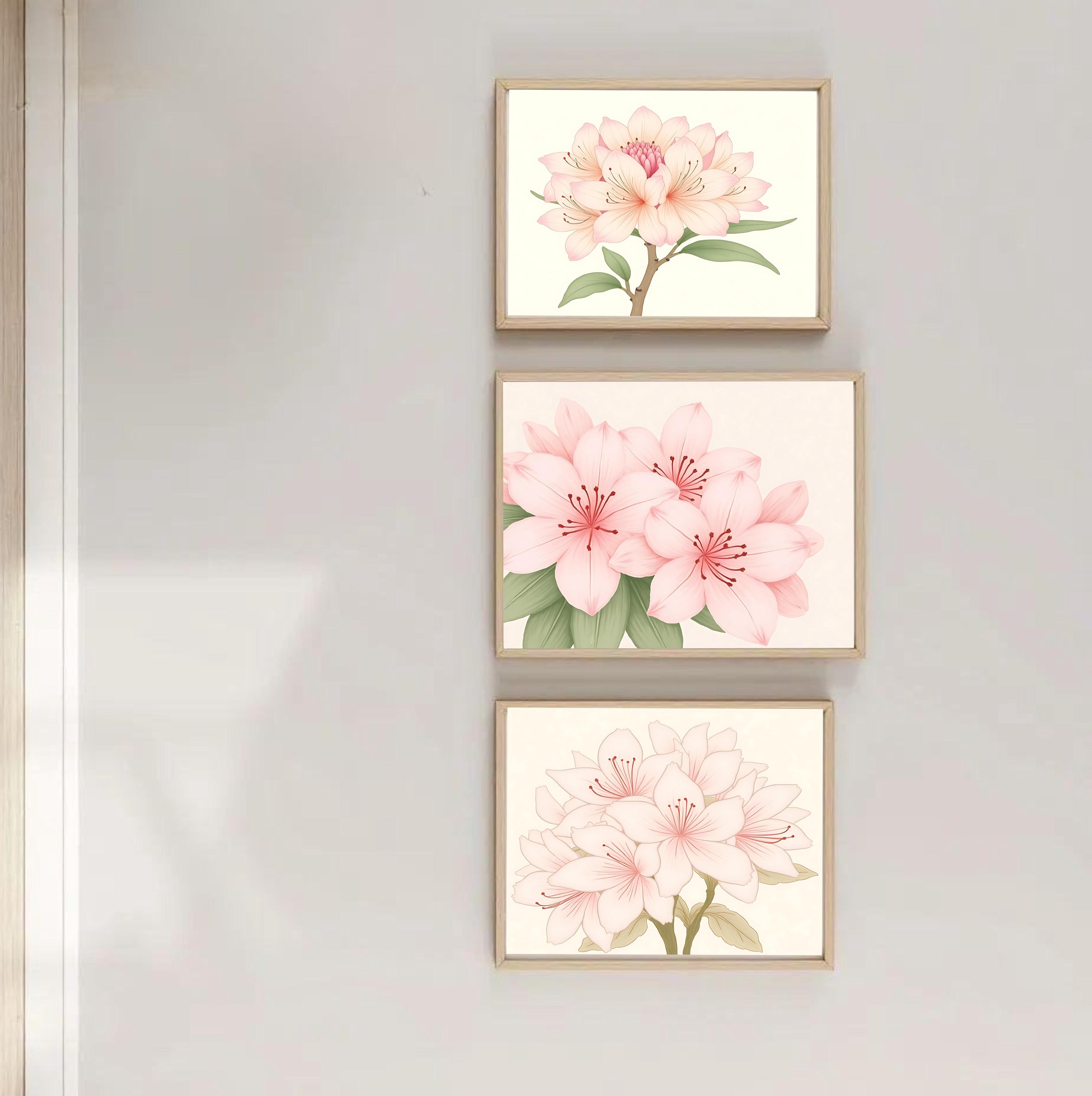 Rhododendron Wall Art, Floral tryptich, Pastel Flowers Printable, Digital Download, Romantic Botanical Print - set of Three