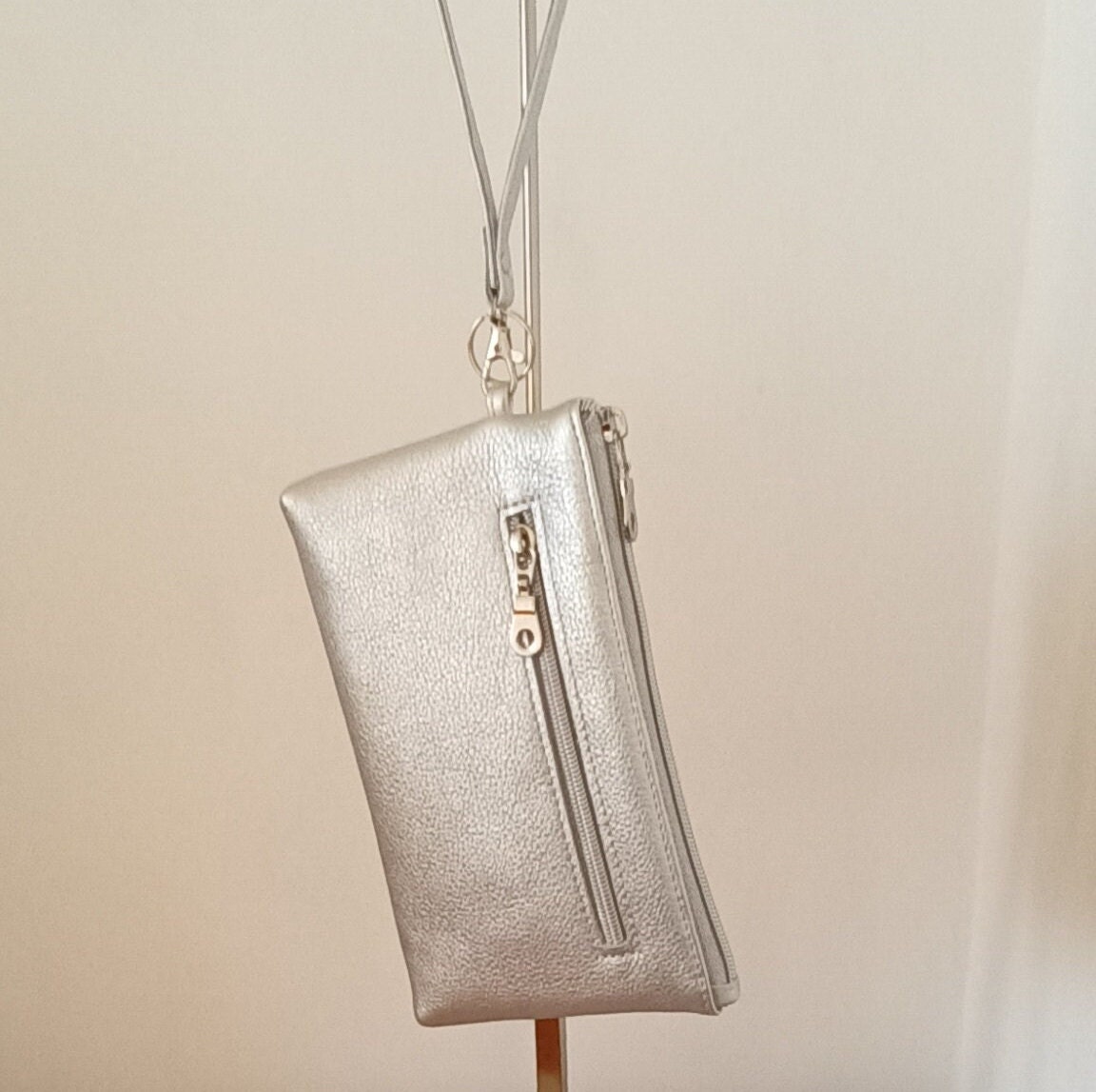 Large Soft Silver Leather Clutch Purse With Detachable Wrist Strap Etsy