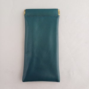May include: A teal blue leather glasses case with a gold metal clasp.