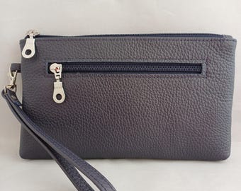 Large Soft Navy Blue Leather Clutch Purse with detachable Wrist Strap