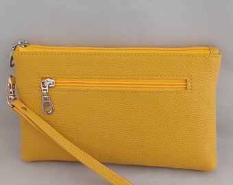 Large Soft Yellow Leather Clutch Purse with detachable Wrist Strap