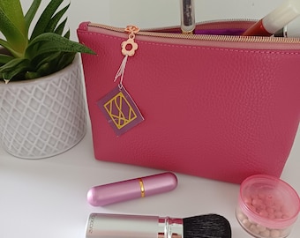 Handmade Pink Leather Makeup Bag: Waterproof Toiletry Pouch