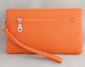 Large Soft Orange Leather Clutch Purse with detachable Wrist Strap