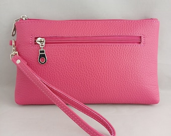 Large Soft Pink Leather Clutch Purse with detachable Wrist Strap