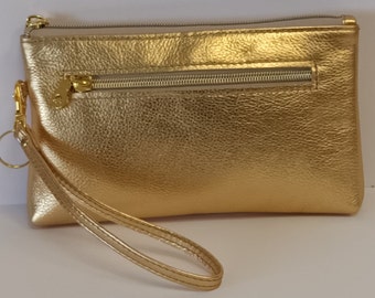 Large Soft Gold Leather Clutch Purse with detachable Wrist Strap