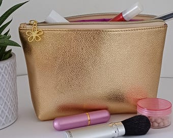 Handmade Metallic Gold Leather Makeup Bag: Waterproof Toiletry Pouch