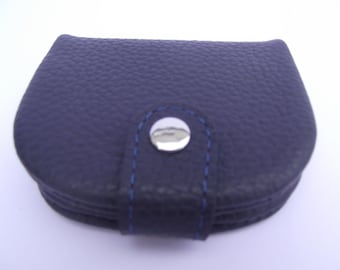 Navy Blue Leather Coin Purse with Tray: Handmade Pocket Change Pouch
