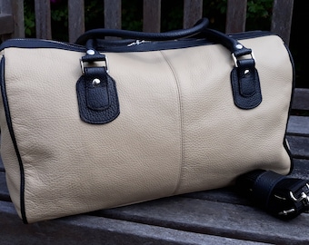 Cream and Black Hand Made Leather Holdall, Overnight Bag, Travel Bag
