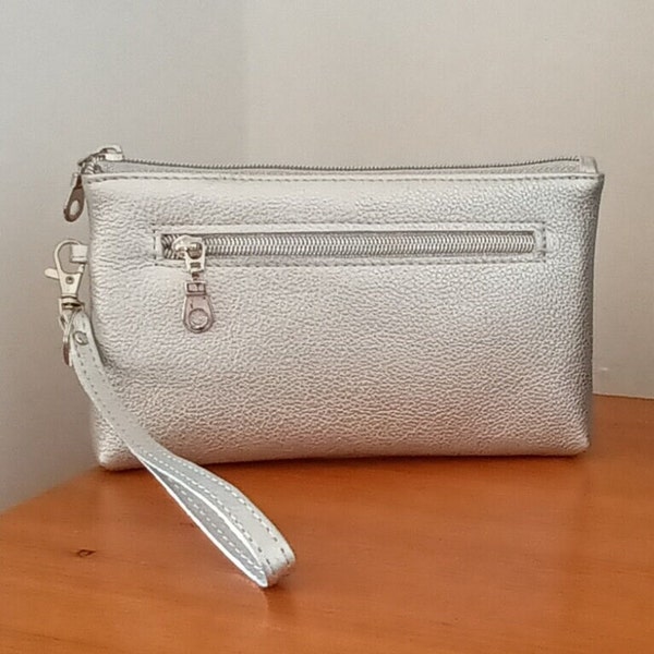 Large Soft Silver Leather Clutch Purse with detachable Wrist Strap