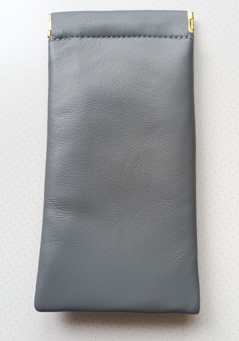 Leather Squeeze Top Glasses Case: Handmade Lamb Nappa, Soft Padded Lining Silver Grey