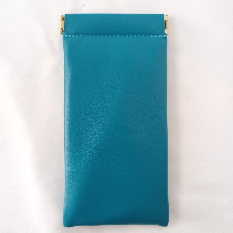 Leather Squeeze Top Glasses Case: Handmade Lamb Nappa, Soft Padded Lining Turquoise