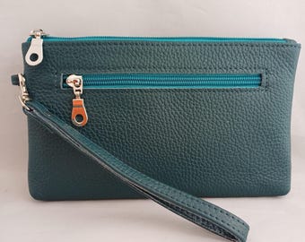 Large Soft Teal Leather Clutch Purse with detachable Wrist Strap