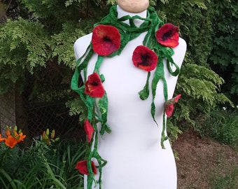 Poppies Field Scarf Red Green Floral Felt Wrap Scarf  Shawl Summer Flowers Felted Lariat  Dread Summer Fashion Belt Headband Bloom OOAK