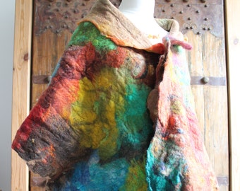 Multi color Nuno Felted Scarf Wrap Shawl  Brown Gray Silk Wool Hand Dyed Winter Accessory OOAK Coorful