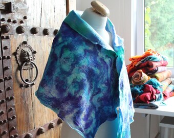 Aqua Blue Felt Shawl Silk Wool Nuno Blue Turquoise Teal Wool Hand Dyed Scarf  Winter Accessory OOAK