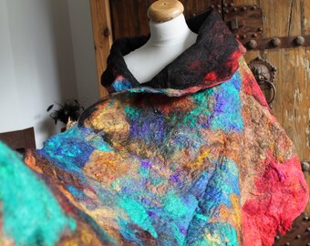 Bohemian Shawl Multi color Nuno Felted Scarf Wrap Brown Gray Silk Wool Hand Dyed Winter Accessory OOAK Coorful