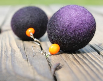 Purple Felted Earrings Huge Ball Earrings Felt Jewelry Violet Dangle earrings  felted wool beads orange coral