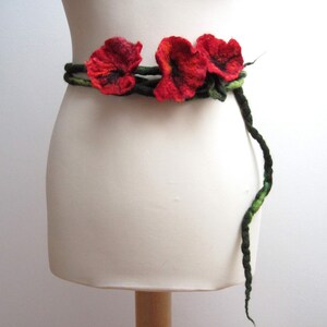 Felt Flower Necklace Red Wild Poppy Felt Floral Necklace Three Felted Flowers on Long Green Dread Spring Fashion Belt Headband Papaver image 4