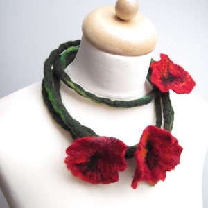 Felt Flower Necklace Red Wild Poppy Felt Floral Necklace Three Felted Flowers on Long Green Dread Spring Fashion Belt Headband Papaver image 5