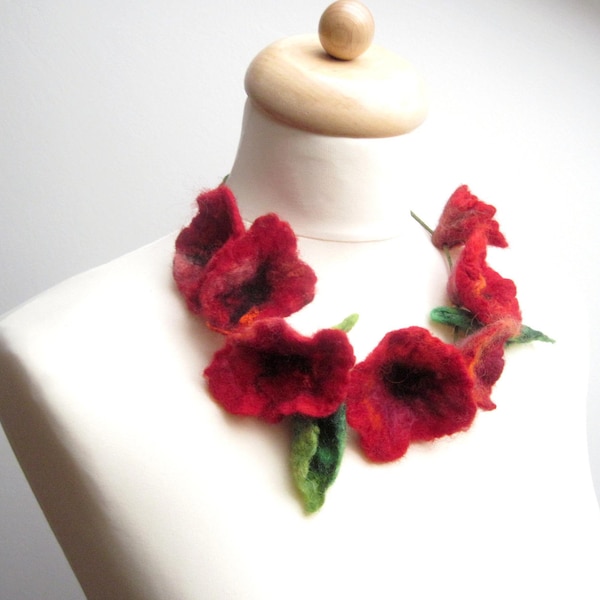 Red Poppy Statement Necklace Hand Felted Wool Silk Flowers Poppies Felt Meadow