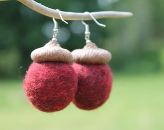 Red Felted Acorns Earrings Oaknut Jewelry Felt Burgund Dangle acorn earrings with real acorn cap felted wool beads