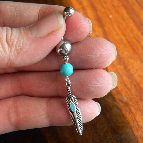 Southwestern Feather Belly Ring with Turquoise in The Native Inspired Southwestern Tribal Hippi Hipster Style