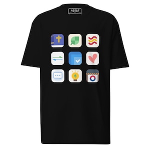 May include: A black short-sleeve t-shirt featuring a grid of nine colorful app-style icons on the chest. The icons include a bible, leaf, bacon, arrows, checkmark, heart, speech bubble, lightbulb, and a circular logo. The neck label reads 66:62.