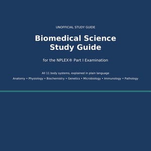 May include: A dark blue study guide cover with white text reading Unofficial Study Guide, Biomedical Science Study Guide for the NPLEX Part I Examination, listing 11 body systems and subjects including Anatomy, Physiology, Biochemistry, Genetics, Microbiology, Immunology, and Pathology.