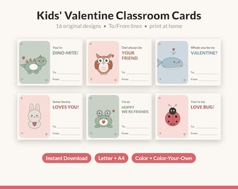 Kids Valentine Cards Printable, Classroom Valentines, 16 Animal Puns, Dinosaur Valentine, Color Your Own, Letter & A4