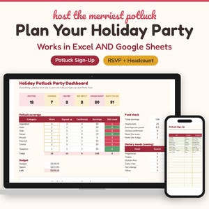 Holiday Party Planner Google Sheets Excel, Potluck Sign Up Sheet, Christmas Party Guest List RSVP Tracker, Friendsgiving Potluck