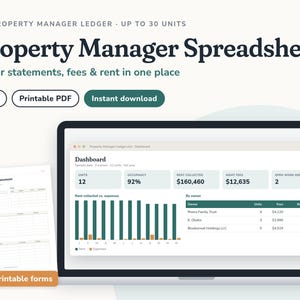 May include: A digital property manager ledger spreadsheet for up to 30 units, featuring a dashboard with rent, occupancy, and fee data, plus a monthly owner statement form. Includes Excel and printable PDF formats for tracking.